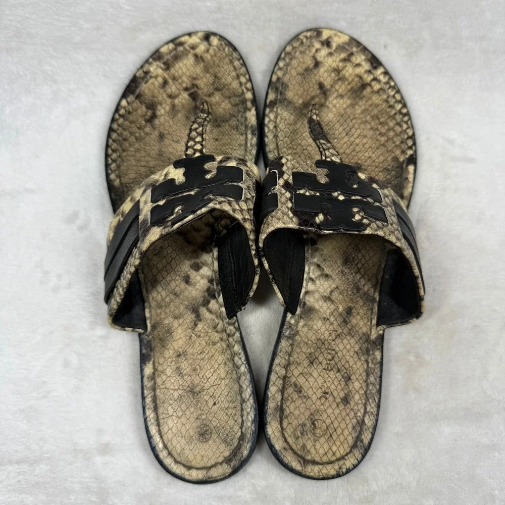 Tory Burch Miller Thong Sandals Snakeskin Print Leather Black Logo 9.5M 8099 C20